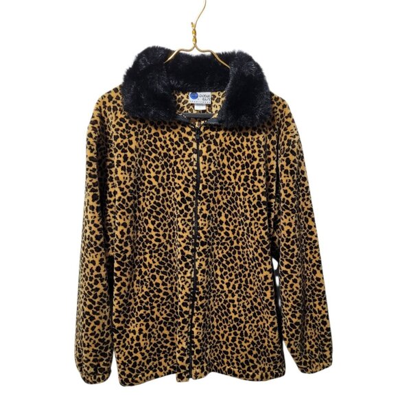 Vtg Ocean East Fleece Jacket Women’s M Leopard Print Faux Fur Collar Zip Up - Picture 5 of 15
